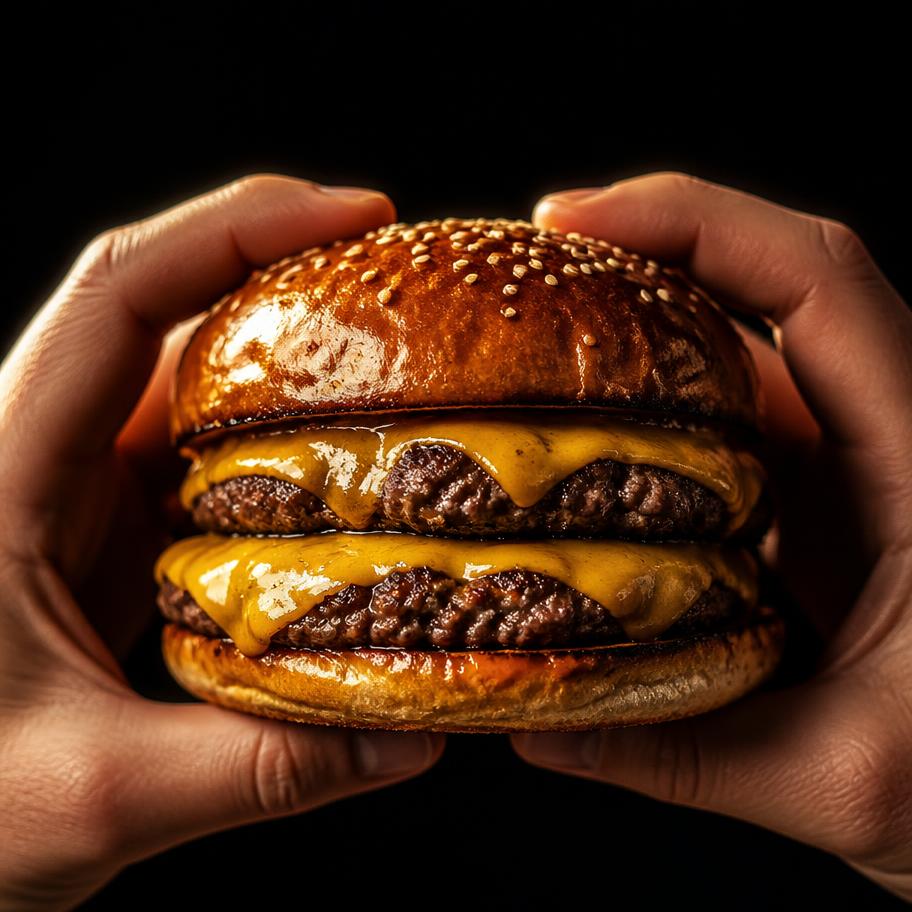 Hands holding a double cheeseburger against a black background