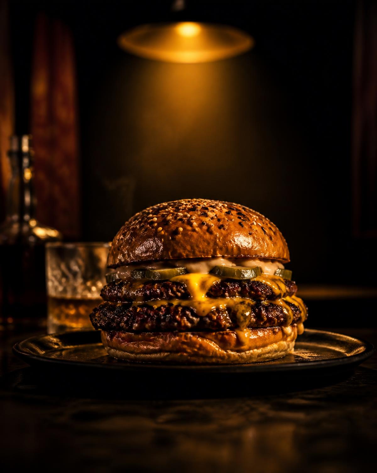 Double cheeseburger lit by a warm overhead lamp on a dark table
