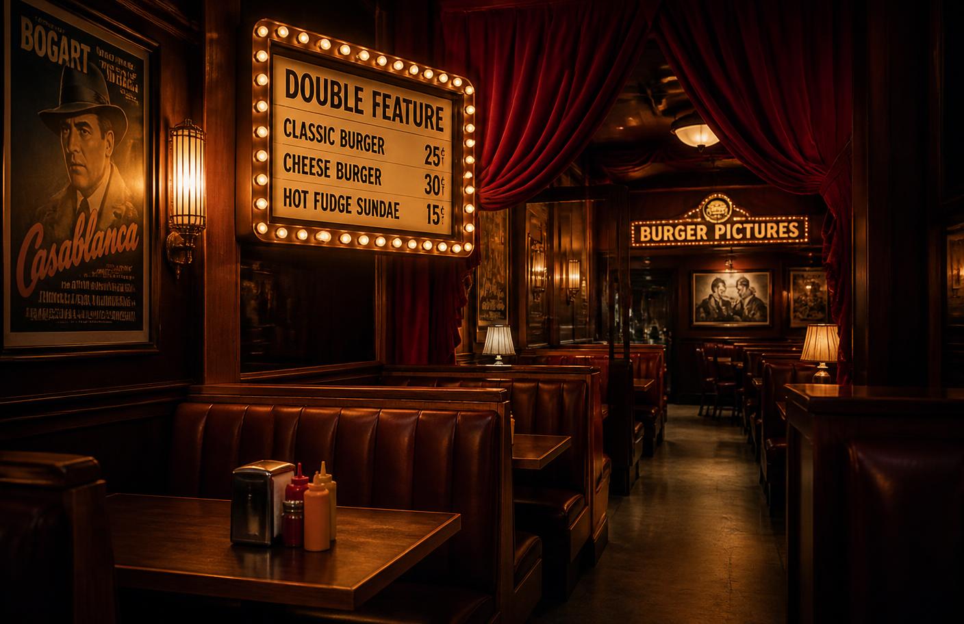 Vintage cinema-style dining room with red velvet curtains and leather booths